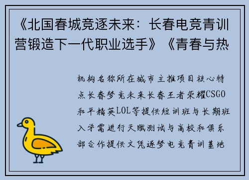 《北国春城竞逐未来：长春电竞青训营锻造下一代职业选手》《青春与热键：长春电竞青训基地如何唤醒沉睡的职业梦想》